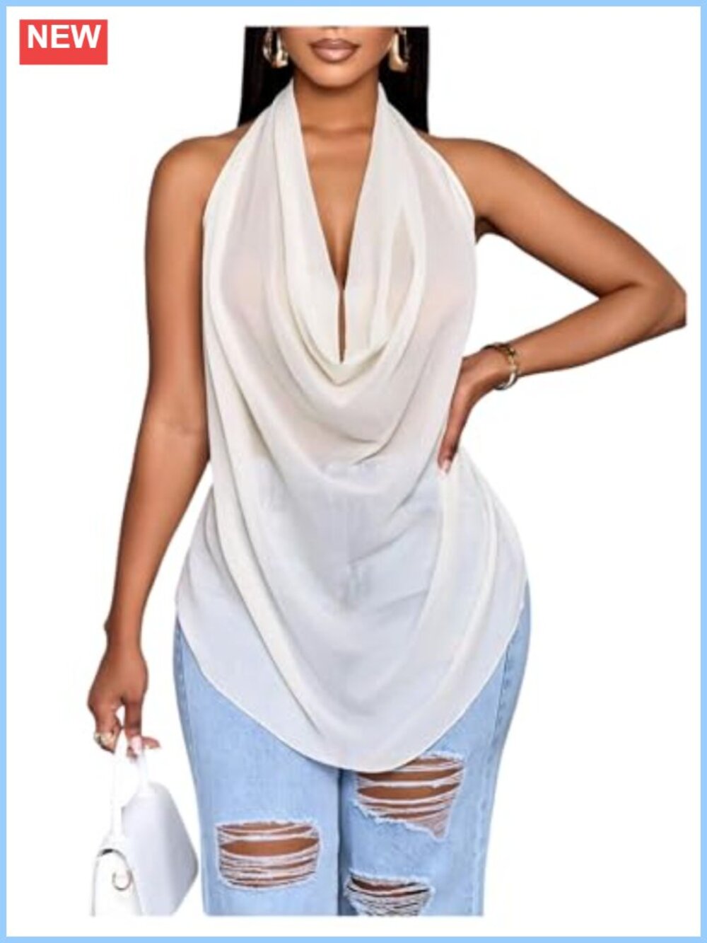 Cowl Neck Halter Top Backless Sheer Draped Sleeveless Party Top